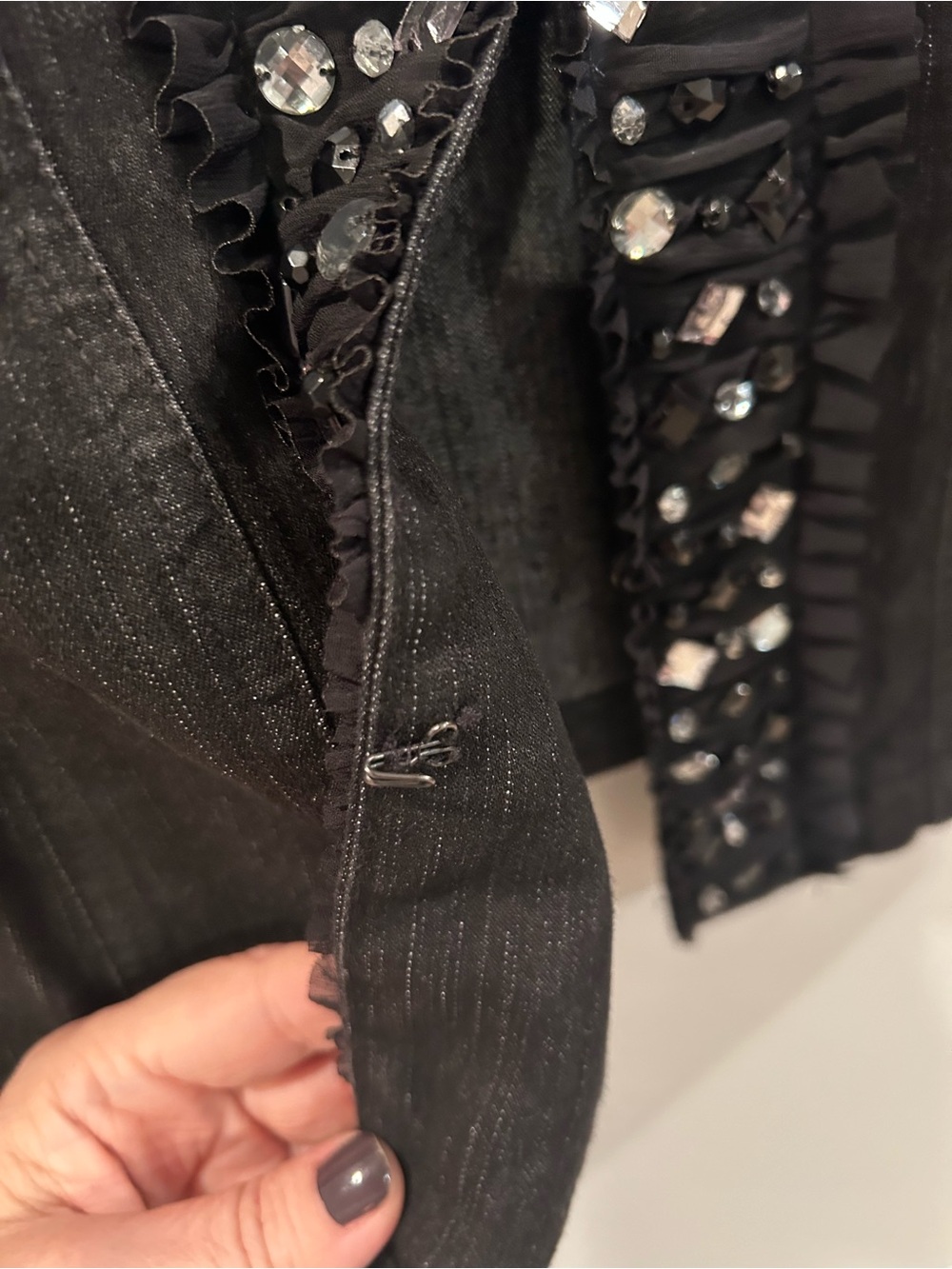 Ruby Rd. Black Jean Jacket with Rhinestone & Ruffle Trim - Picture 6 of 6